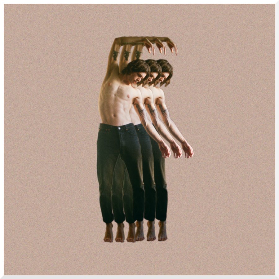 friendlychaos: a shirtless figure in black jeans repeated four times in a row against a tan background